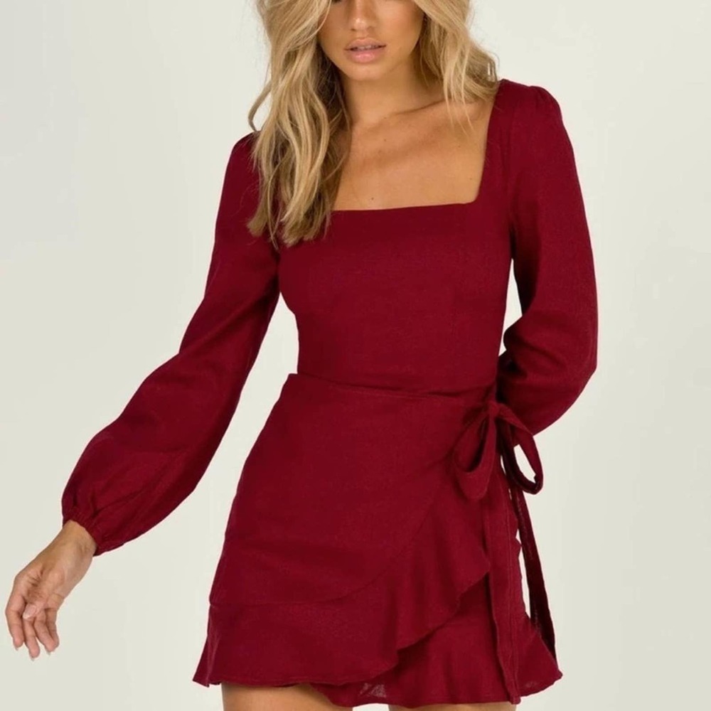 Princess Polly Maroon Linen Blend wrap Dress Size 6 and 8